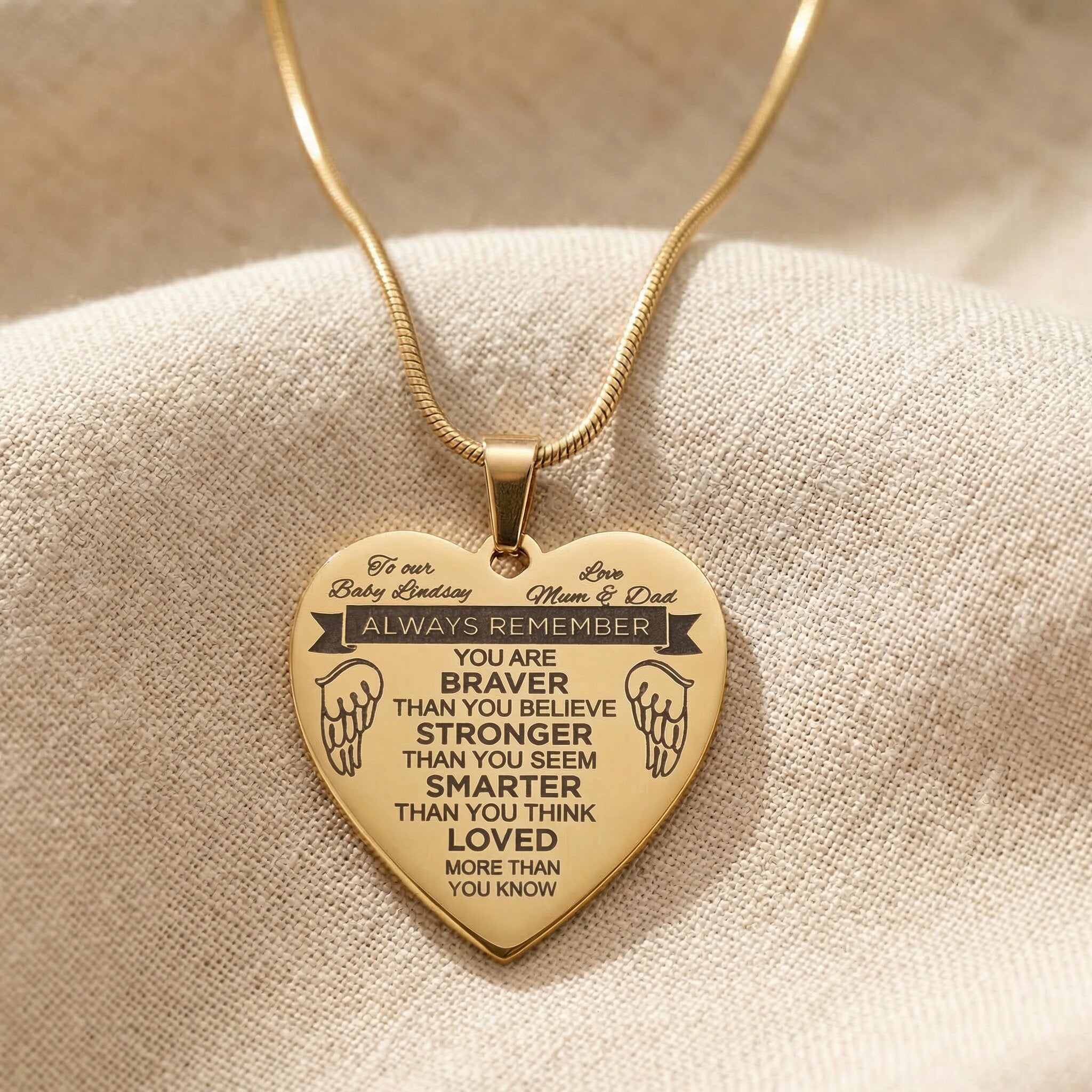 Personalised heart necklace in gold with engraved message, meaningful keepsake jewellery