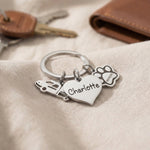 Personalised keyring charms with engraved names and symbol charms, meaningful keepsake set