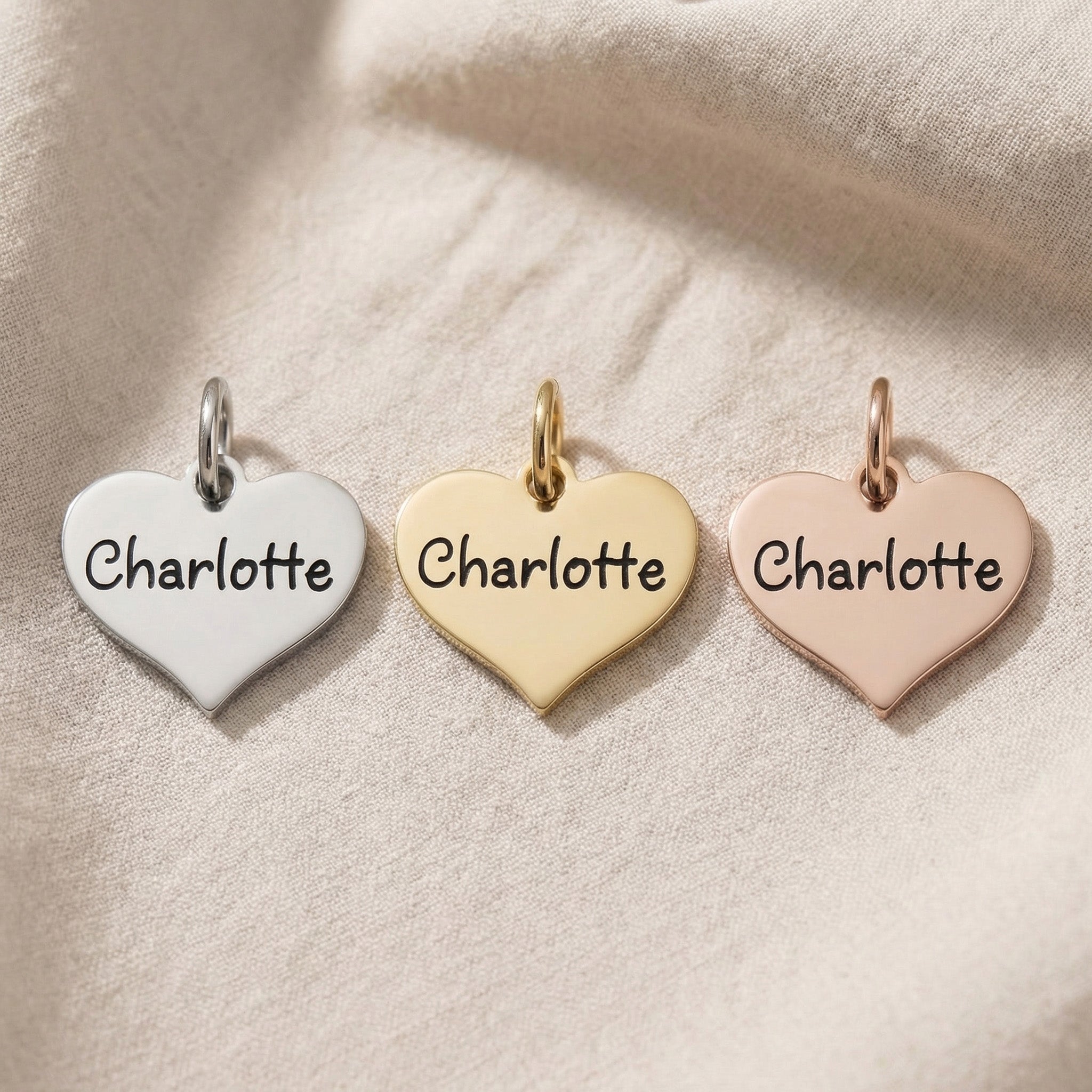 Personalised keyring charms tone comparison showing gold, silver and rose gold finishes