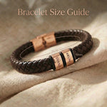 Personalised leather bracelet size guide showing charm bracelet  width and length details