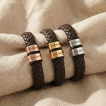 Personalised leather bracelet tone comparison showing gold, silver and rose gold engraved plates