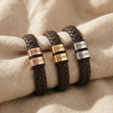 Personalised braided leather bracelets with engraved names shown in gold, rose gold, and silver finishes for colour comparison.