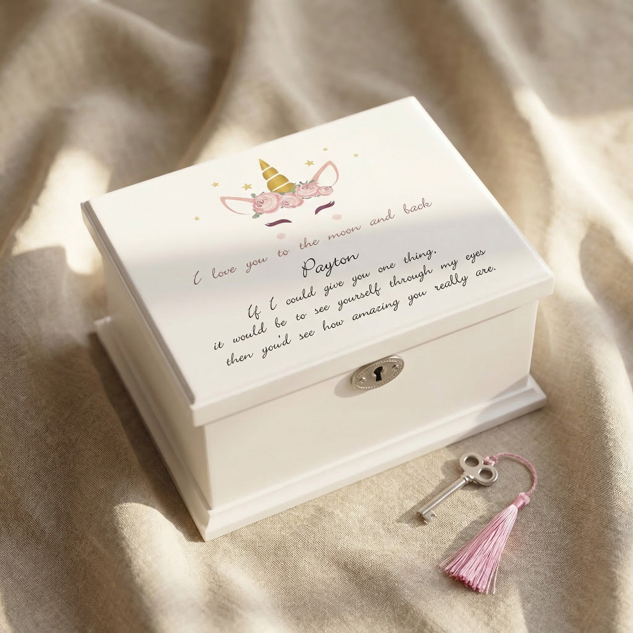 Personalised musical jewellery box with custom printed lid, keepsake gift design