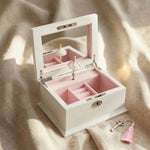 Personalised musical jewellery box showing interior compartments and colour design options