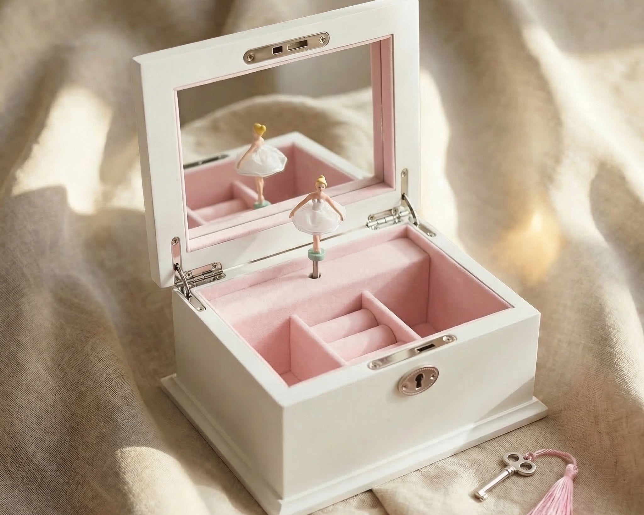 Personalised musical jewellery box showing interior compartments and colour design options