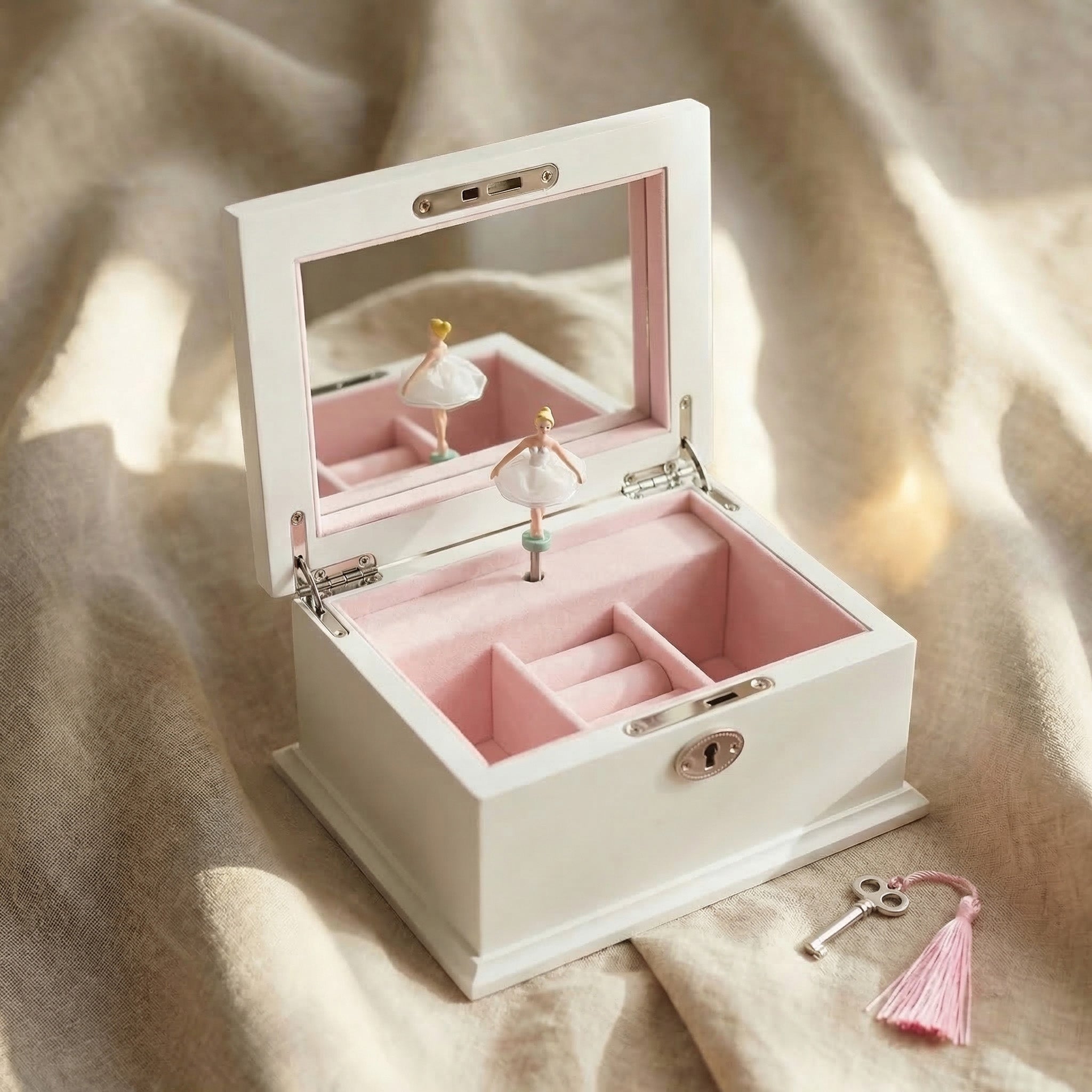 Personalised musical jewellery box showing interior compartments and colour design options