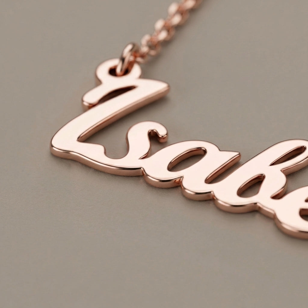 Close up of personalised name necklace showing script name pendant detail