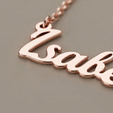 Close up of personalised name necklace showing script name pendant detail