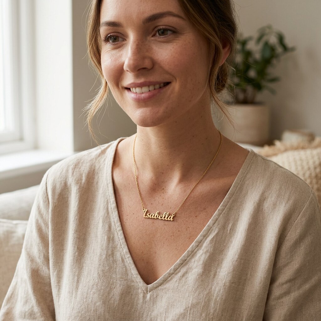 Woman wearing personalised name necklace with script name pendant on delicate chain