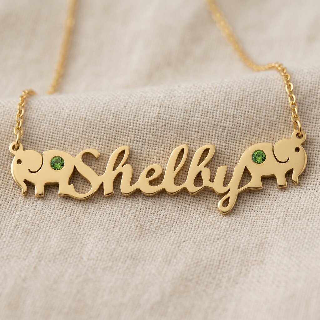 Personalised name necklace with ornament and birthstone customization options 