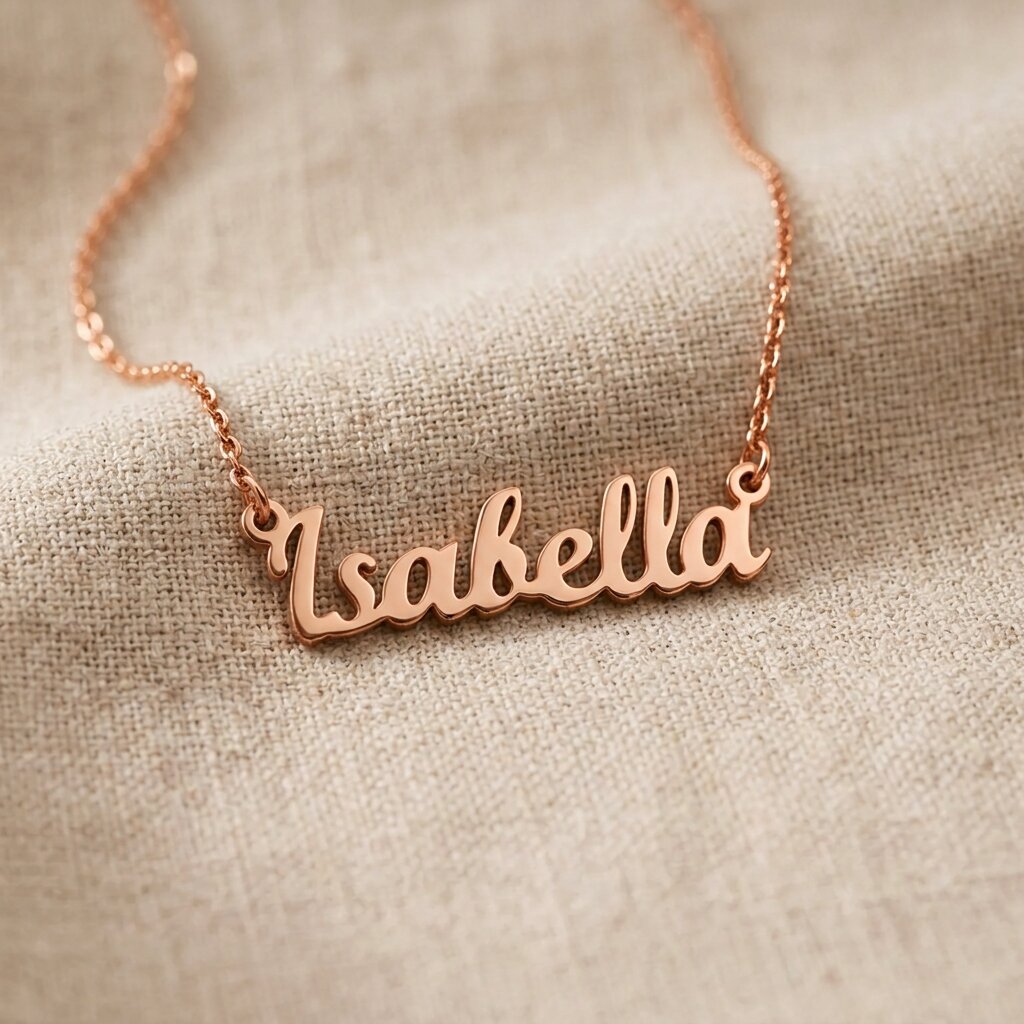 Rose gold personalised name necklace with script name pendant design