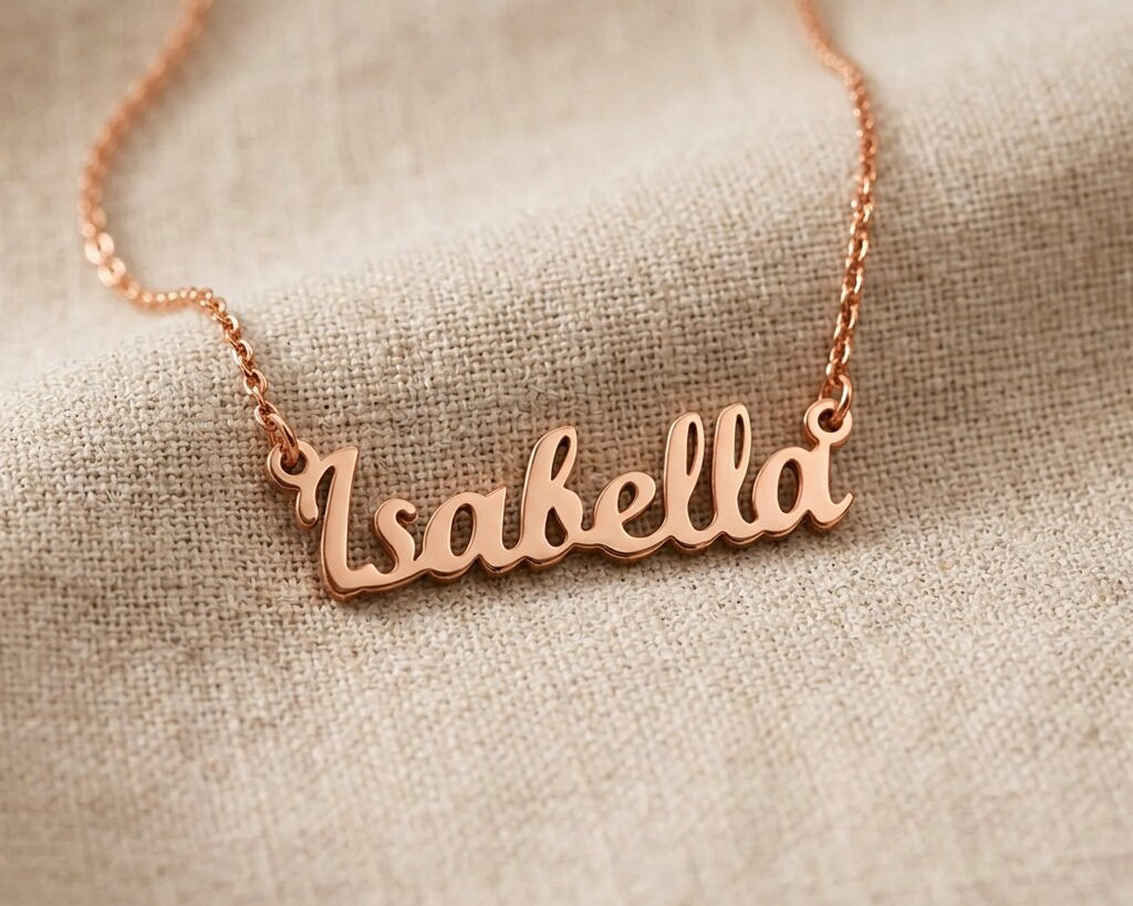 Rose gold personalised name necklace with script name pendant design