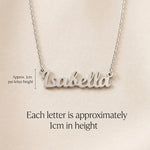 Pendant size guide for personalised name necklace showing script name pendant dimensions