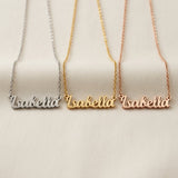 Personalised name necklace in gold, silver and rose gold finishes with script name pendant