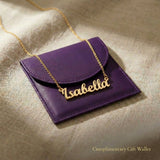 Personalised name necklace displayed with elegant jewelry gift wallet packaging
