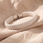 Personalised white braided leather bracelet with polished metal clasp, designed as an elegant everyday keepsake
