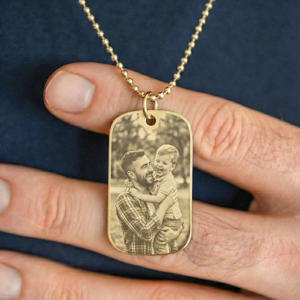 Custom Engraved Photo Dog Tag Necklace in gold tone, men's jewellery by Belle Fever.