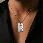 Custom Engraved Photo Dog Tag Necklace by Belle Fever — sleek men’s pendant worn by a model, a sentimental keepsake jewelry gift, capturing treasured memories.