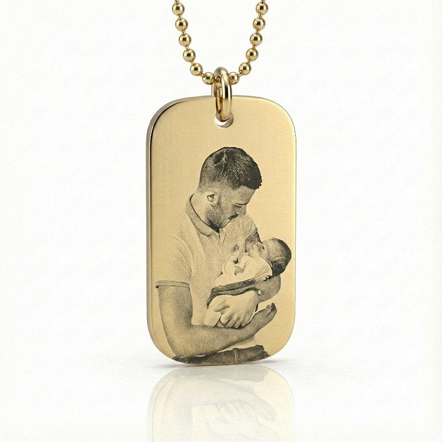 Custom Engraved Photo Dog Tag Gold Necklace by Belle Fever, men's jewellery gift, capturing treasured memories.