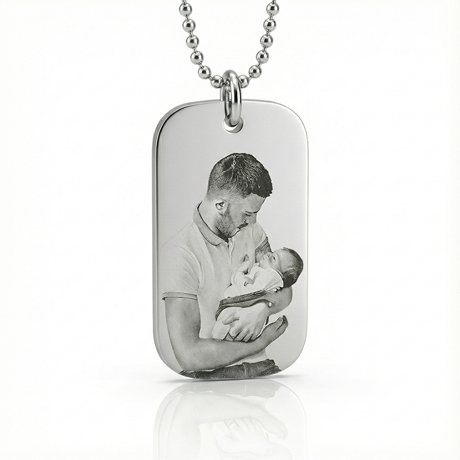 Custom Engraved Photo Dog Tag Silver Necklace by Belle Fever, men's jewellery gift, capturing treasured memories.