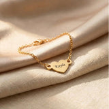 Personalised heart bracelet in gold with engraved name, delicate everyday jewellery
