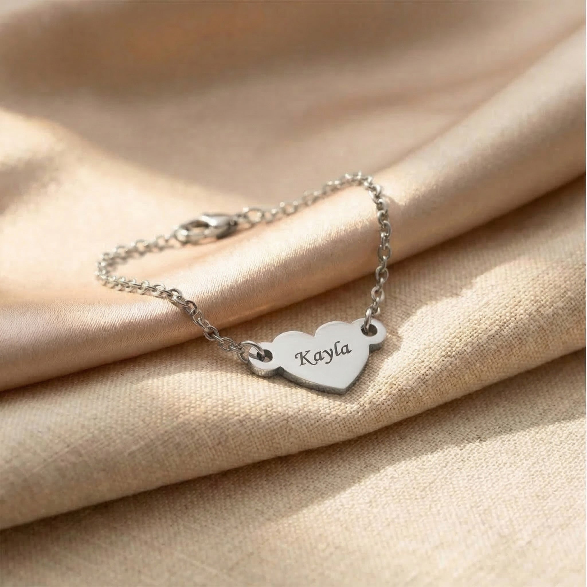 Personalised heart bracelet in silver with engraved name, classic minimalist jewellery
