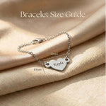 Personalised heart bracelet size guide showing charm dimensions detail