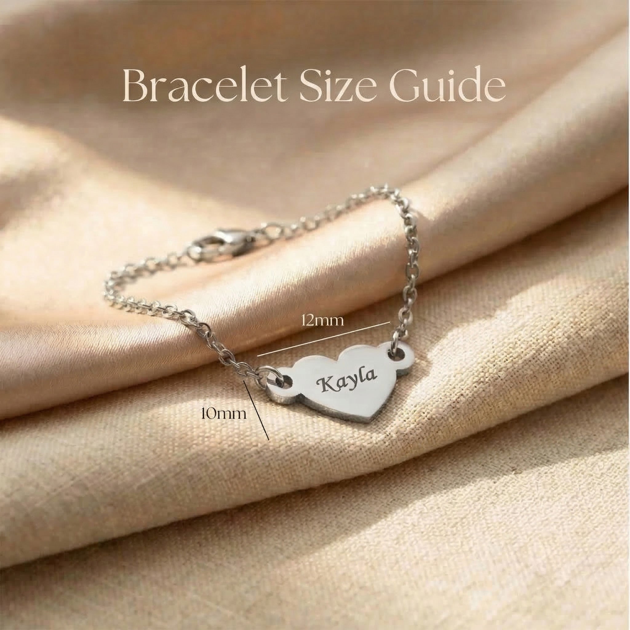 Personalised heart bracelet size guide showing charm dimensions detail