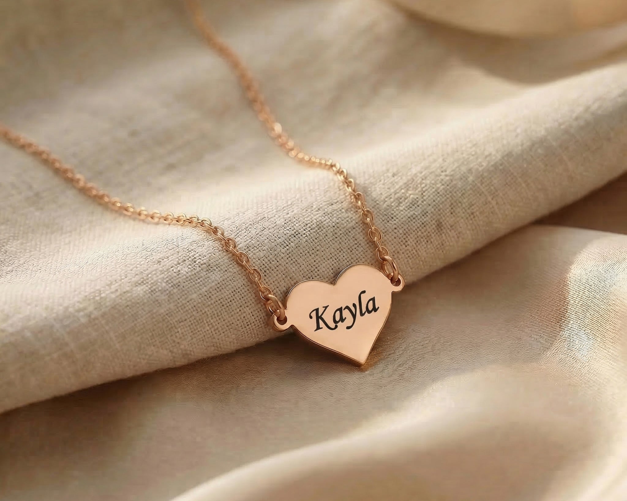 Personalised heart necklace in rose gold with engraved name, delicate everyday jewellery