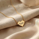 Personalised heart necklace size guide showing pendant dimensions and chain detail