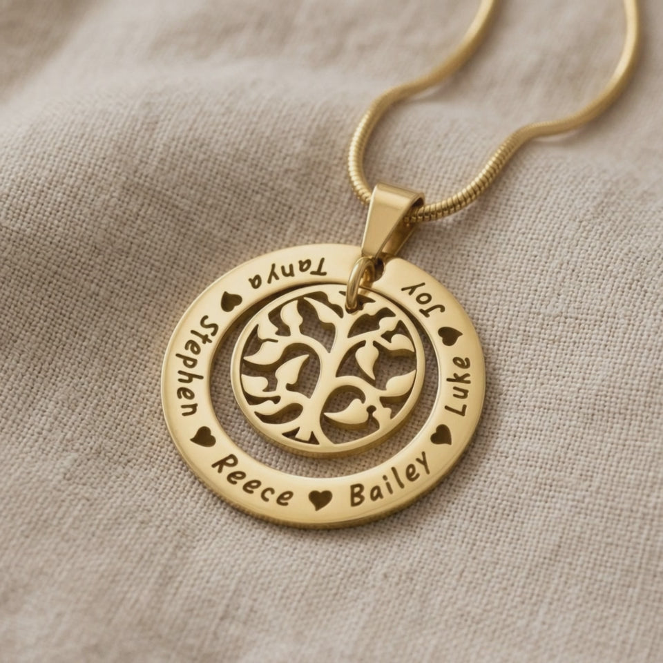 Product video showing My Family Tree necklace with circular pendant and tree design details