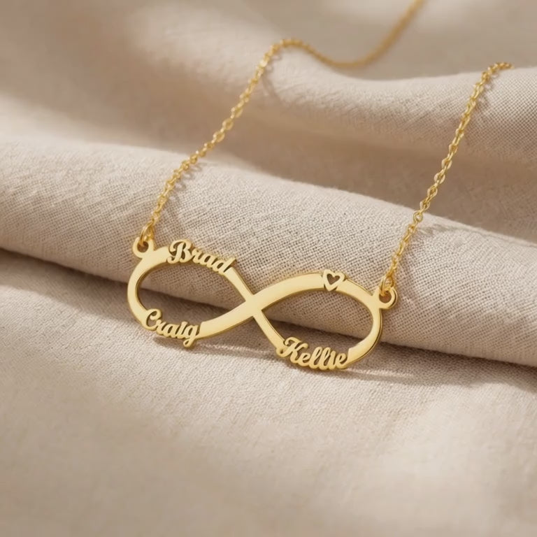Product video showing infinity name necklace with custom name design on infinity pendant