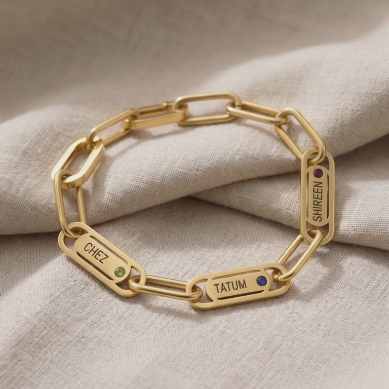 Endless Ties Bracelet gold personalized link bracelet with engraved name shown in close-up view