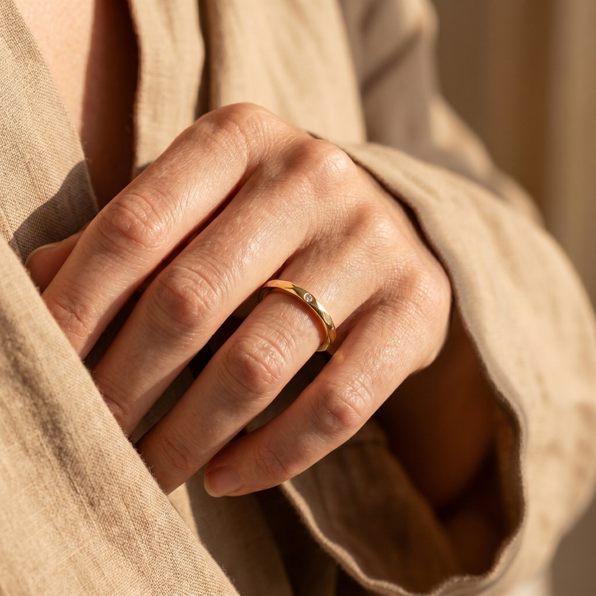 Woman wearing prism ring, minimalist geometric jewellery for everyday wear and modern style