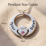 Queen of my heart necklace size guide showing circular pendant dimensions and engraved detail