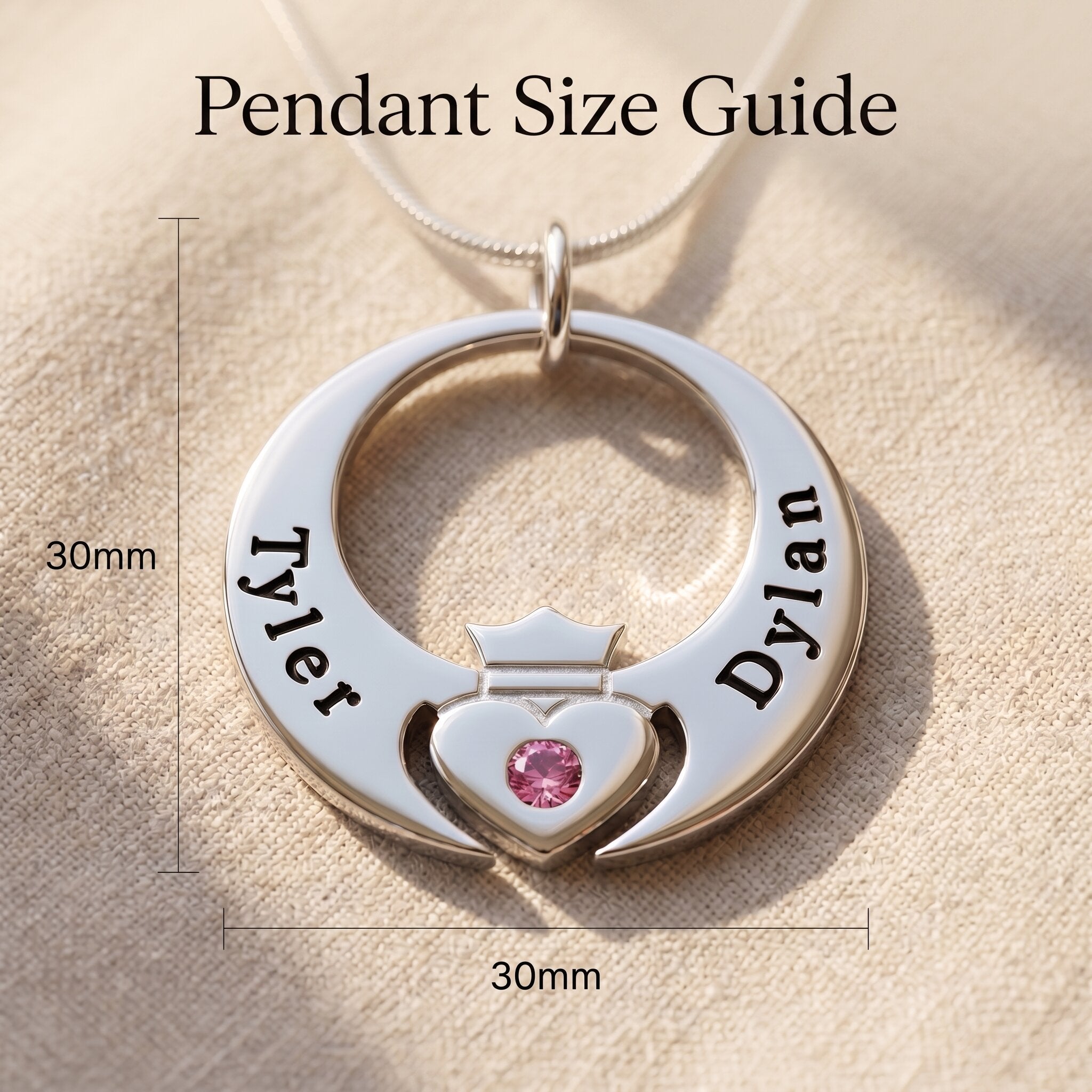 Queen of my heart necklace size guide showing circular pendant dimensions and engraved detail