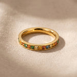 Rainbow crystal ring in gold with colourful gemstone band, elegant stacking jewellery gift for her