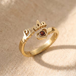Single name ring in gold with custom engraved name and birthstone, elegant jewellery gift