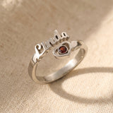 Silver single name ring with custom script engraving and birthstone, elegant jewellery for her
