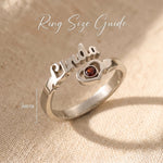 Single name ring size guide showing personalised script band width and ring proportions
