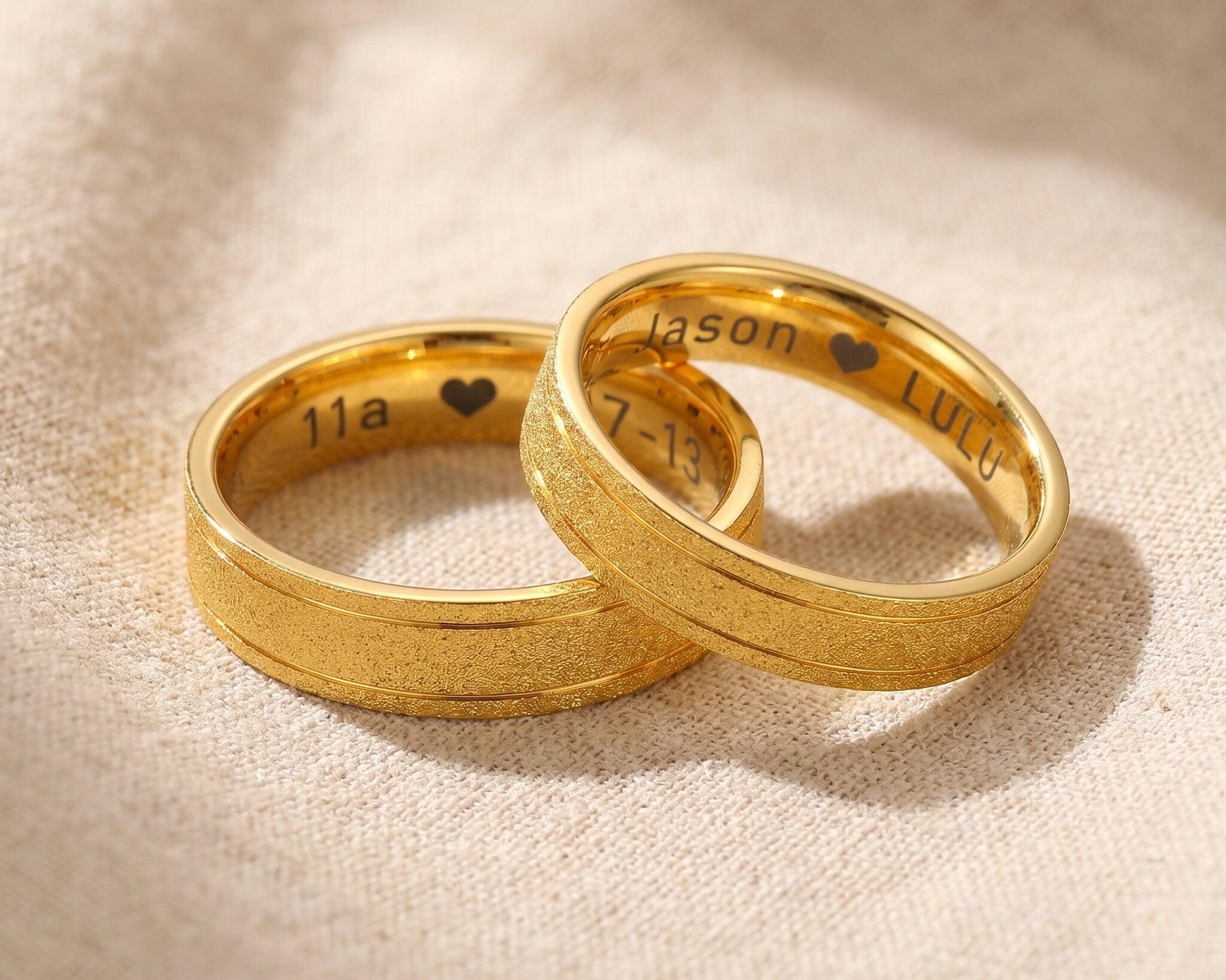Sparkling love ring in gold with engraved inner detail and textured band, meaningful romantic jewellery gift