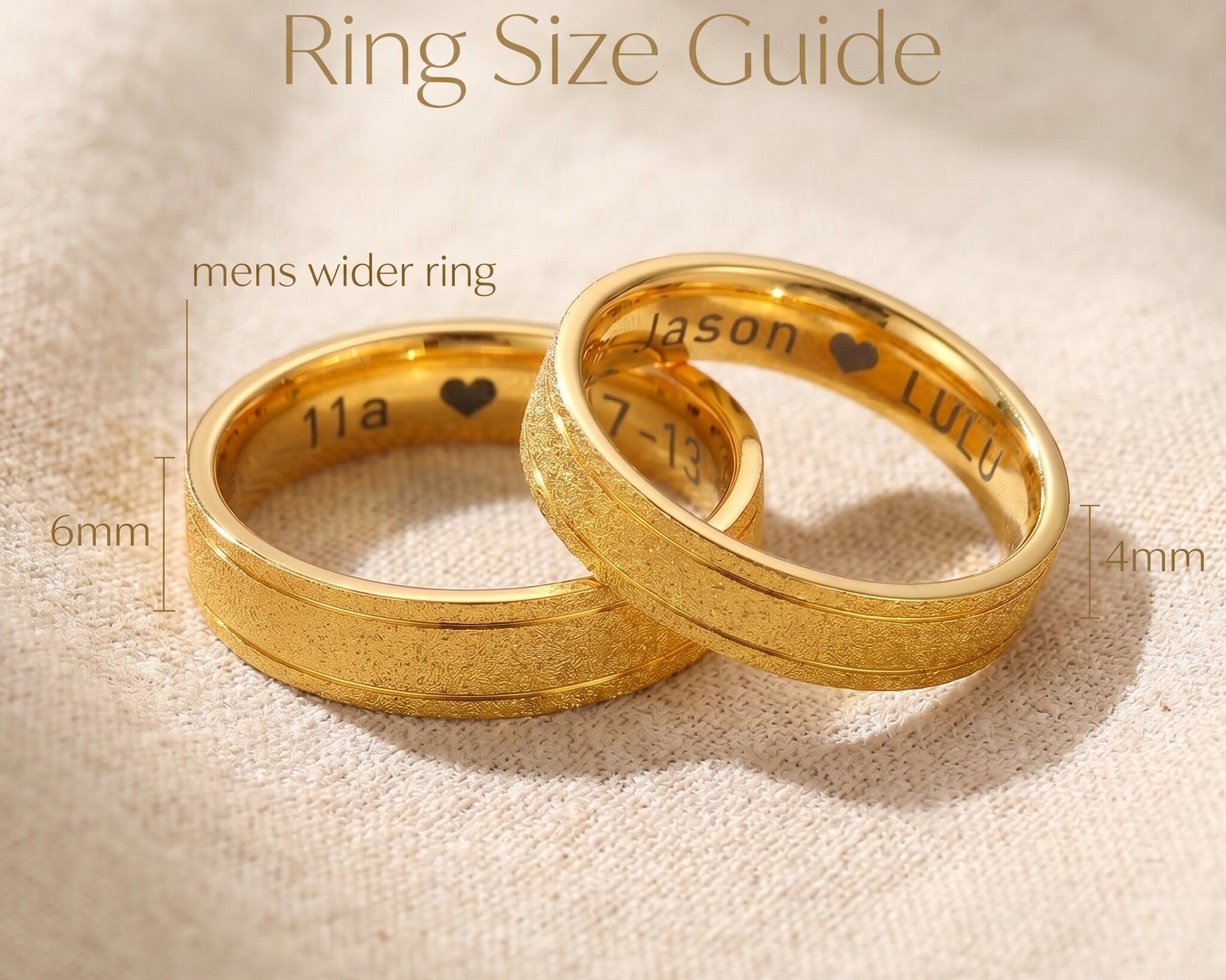 Sparkling love ring size guide showing textured band width and engraved inner detail proportions