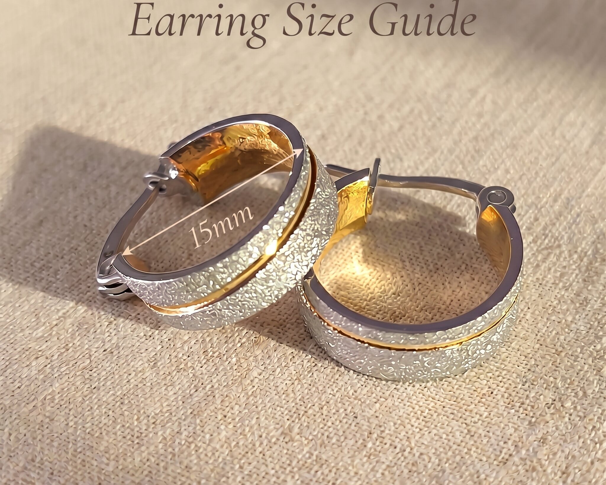 Sparkling two-tone hoop earrings size guide showing hoop diameter and texture detail