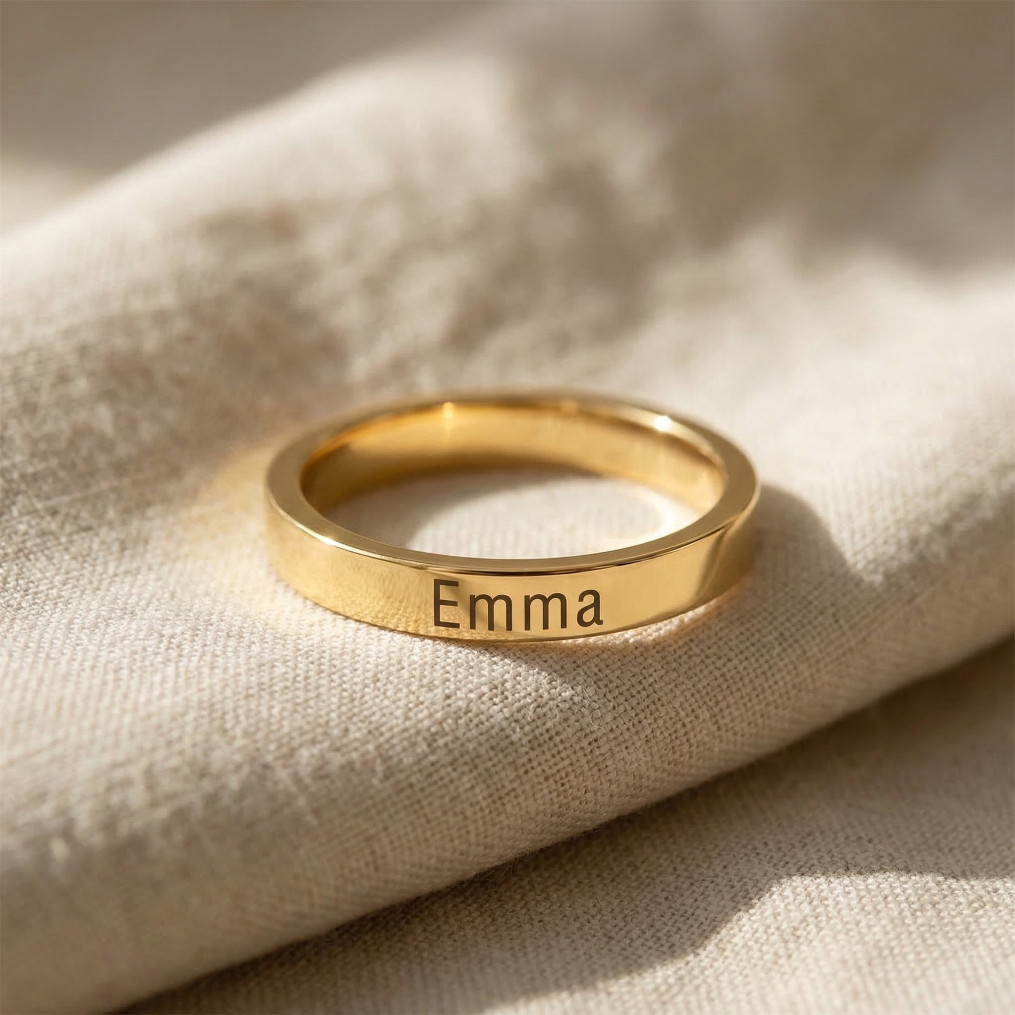 Personalised stackable ring in gold with engraved name, minimal everyday jewellery
