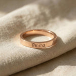Personalised stackable ring in rose gold with engraved name, delicate jewellery design