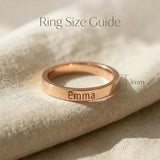 Personalised stackable ring size guide showing band width and ring sizing details
