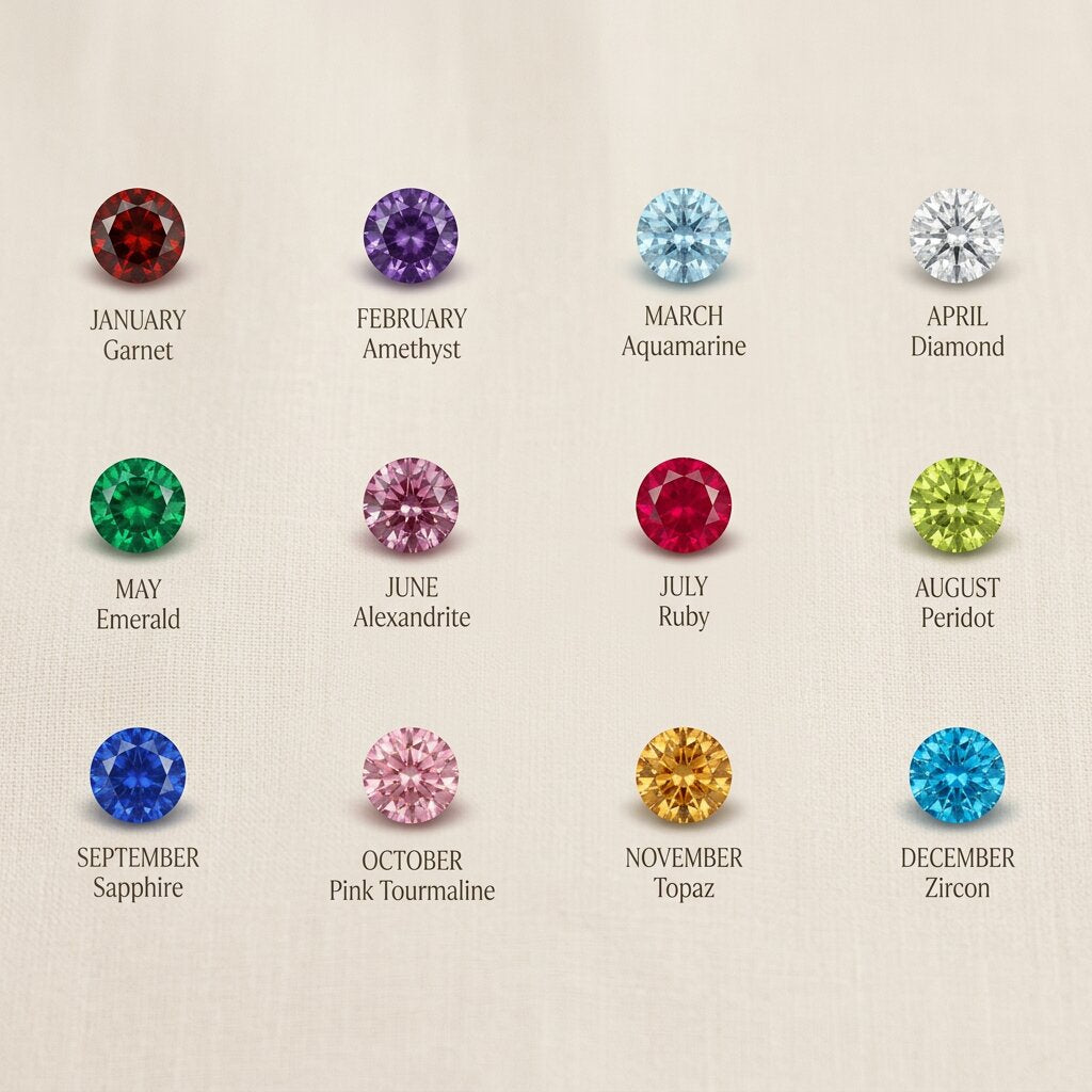 Birthstone color chart showing available gemstone options for necklace and bracelet customization