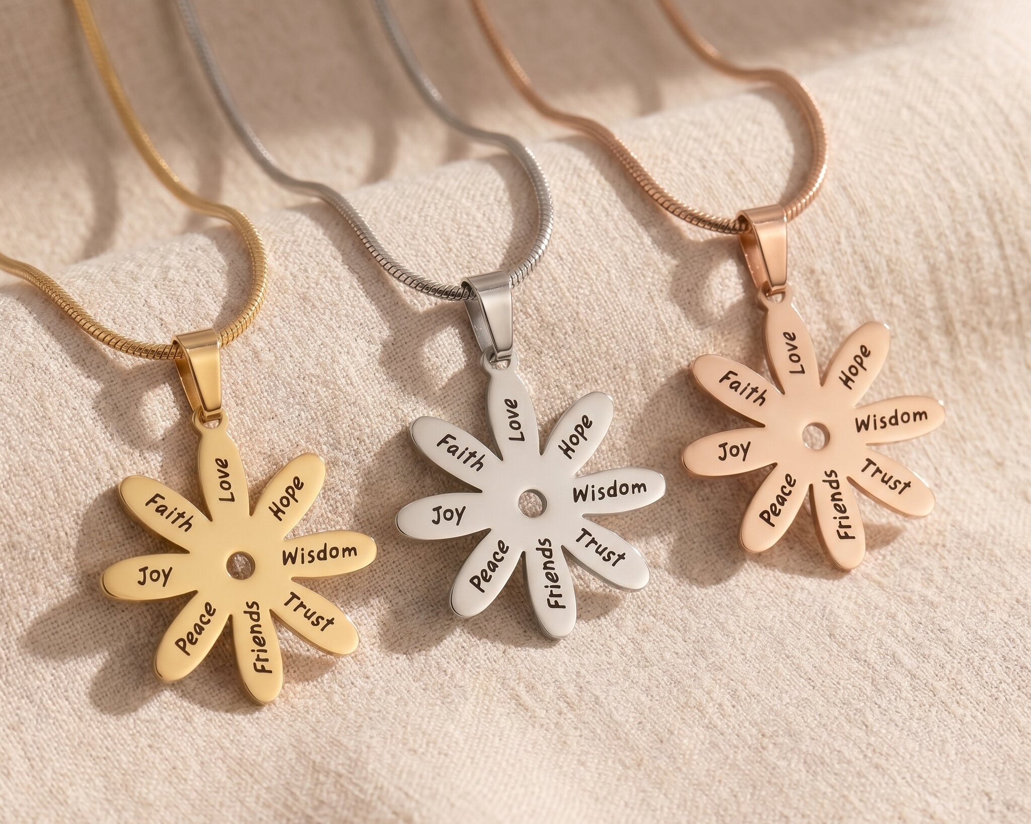 Sunflower necklace tone comparison showing gold, silver and rose gold meaningful keepsake jewellery options
