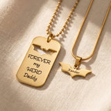 Matching father and son dog tag necklace with bat cutout pendant, personalised superhero keepsake gift