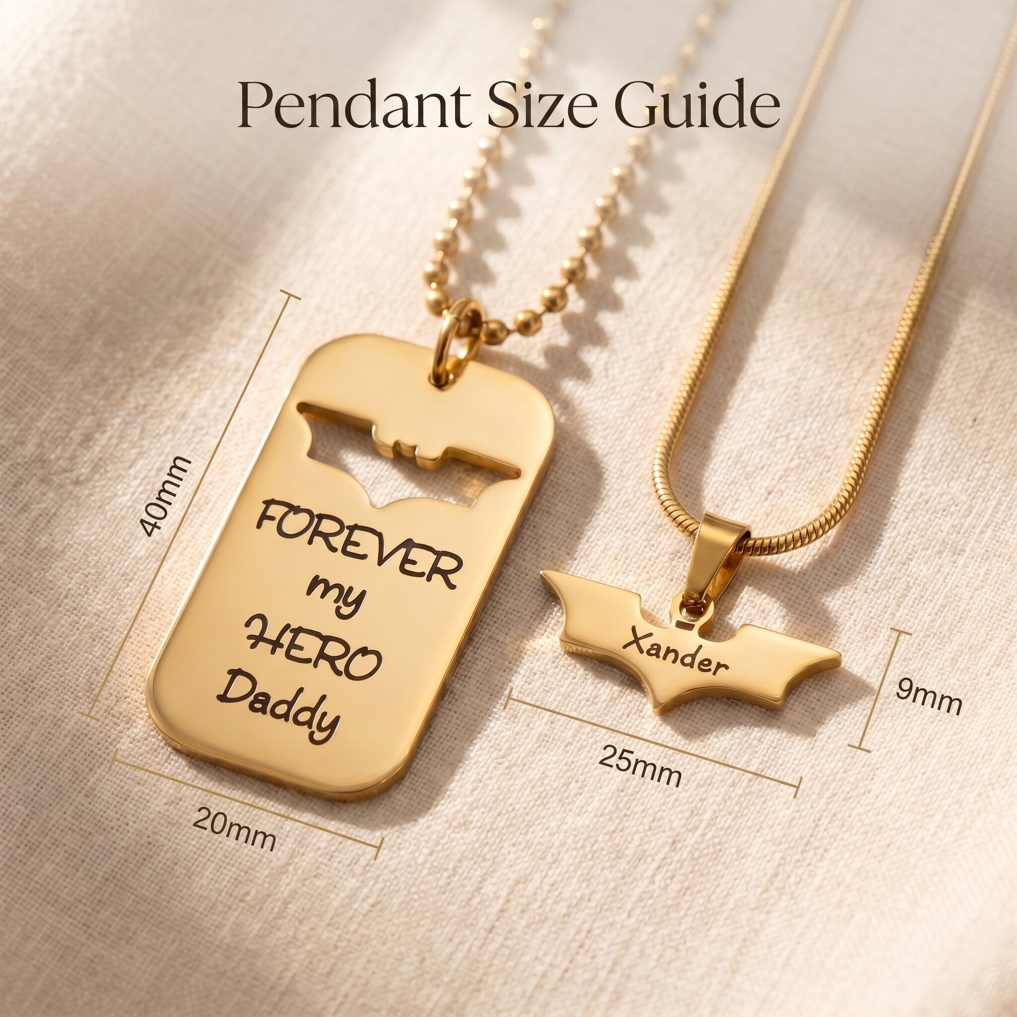 Father and son matching superhero necklace size guide showing dog tag and bat pendant dimensions